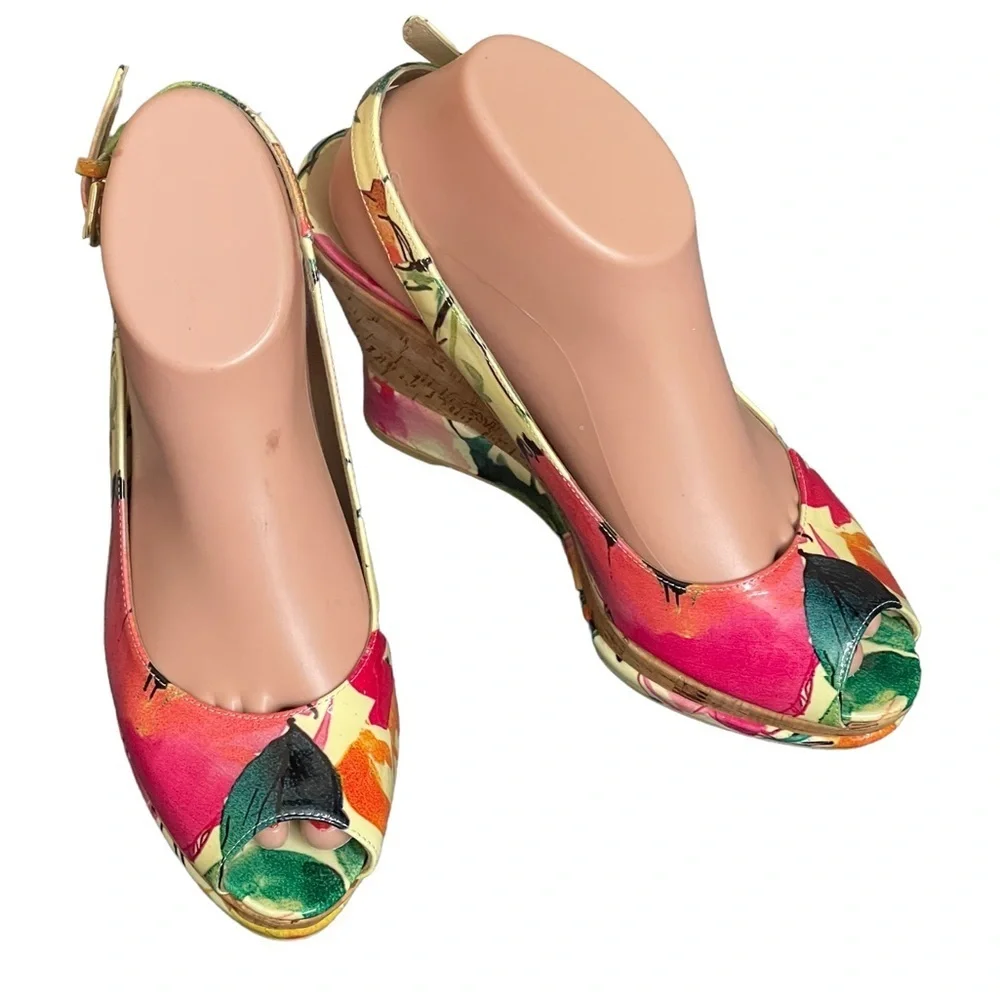 Stuart Weitzman Colorful Floral Peep Toe Wedges Cork Platform Slingback Size 7.5